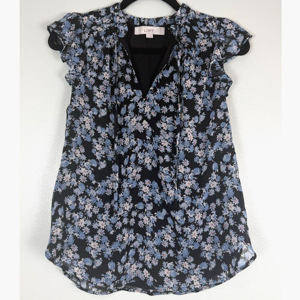 LOFT Floral Blouse XS Black Blue Ruffle Sleeve Tie Neck Sheer Top